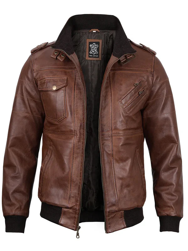 Edinburgh Mens Brown Bomber Leather Jacket With Removable Hood